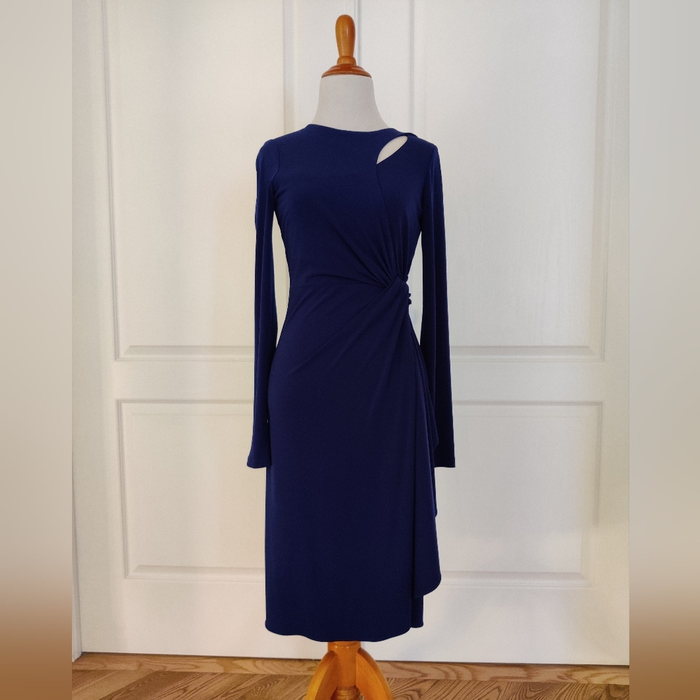 Gorgeous Navy Blue Long Sleeve Draped Bodycon Dress, Size 2, NWOT